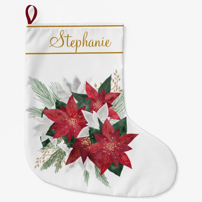 Grande Chaussette De Noël Élégant Poinsettia Rouge Nom personnalisé Noël (Devant)