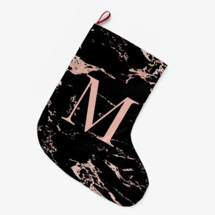 Grande Chaussette De Noël Élégant Rose Gold Foil Marbre noir Monogramme