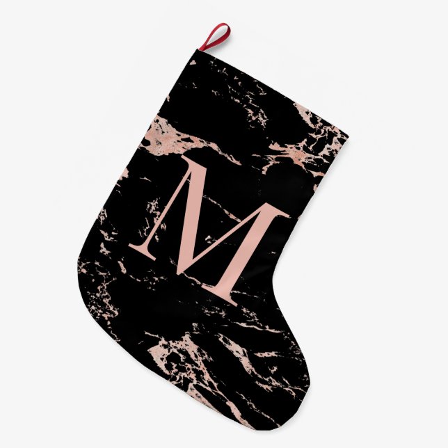 Grande Chaussette De Noël Élégant Rose Gold Foil Marbre noir Monogramme (Devant (Accrochage))