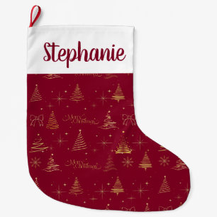 Grande Chaussette De Noël Élégant Rouge avec des gribouillis d'arbre de Noël