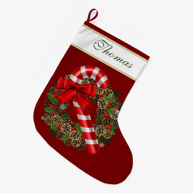 Grande Chaussette De Noël Élégant Sucre de canne ruban rouge Monogramme pers (Devant (Accrochage))
