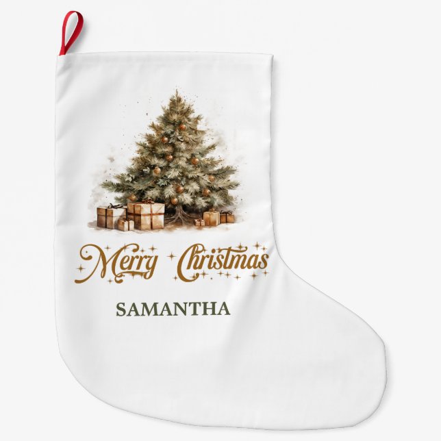 Grande Chaussette De Noël Elégant ton neutre terreux vert et or (Devant)