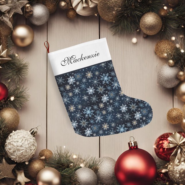Grande Chaussette De Noël Élégants flocons de neige bleu millésimé (Elegant Blue Vintage Snowflakes Large Christmas Stocking)