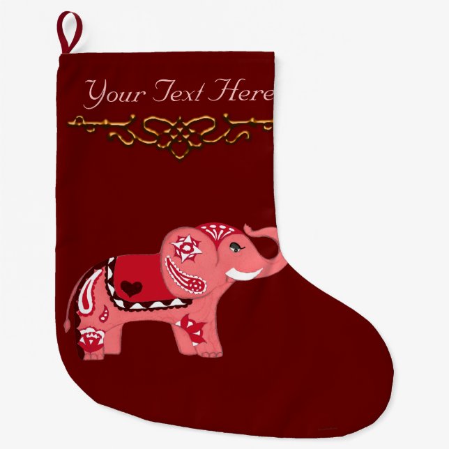 Grande Chaussette De Noël Eléphant au henné (rouge/rose) (Devant)