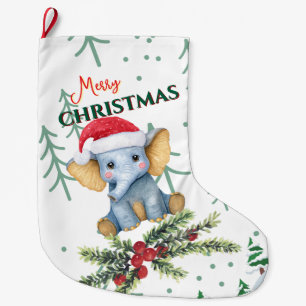 Grande Chaussette De Noël Éléphant de bébé mignon en chapeau rouge de Père N