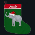 Grande Chaussette De Noël Eléphant mignon personnalisé<br><div class="desc">Ce bel éléphant de Noël est muni d'un mignon éléphant souriant portant un chapeau de Père Noël rouge avec un tronc surélevé. Ce joli stock de Noël animal personnalisé est décoré d'un charmant arrière - plan de vacances vert. Personnalisez avec votre propre texte en bas pour un cadeau élégant.</div>