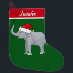 Grande Chaussette De Noël Eléphant mignon personnalisé<br><div class="desc">Ce bel éléphant de Noël est muni d'un mignon éléphant souriant portant un chapeau de Père Noël rouge avec un tronc surélevé. Ce joli stock de Noël animal personnalisé est décoré d'un charmant arrière - plan de vacances vert. Personnalisez avec votre propre texte en bas pour un cadeau élégant.</div>