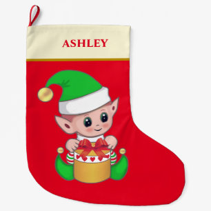 Grande Chaussette De Noël Elfe de Noël mignon moderne et boîte cadeau sur fo