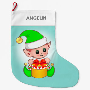 Grande Chaussette De Noël Elfe de Noël mignon moderne sur fond bleu clair