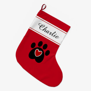 Grande Chaussette De Noël Empreinte de patte avec un coeur rouge