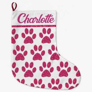 Grande Chaussette De Noël Empreintes de patte roses scintillantes sur fond b