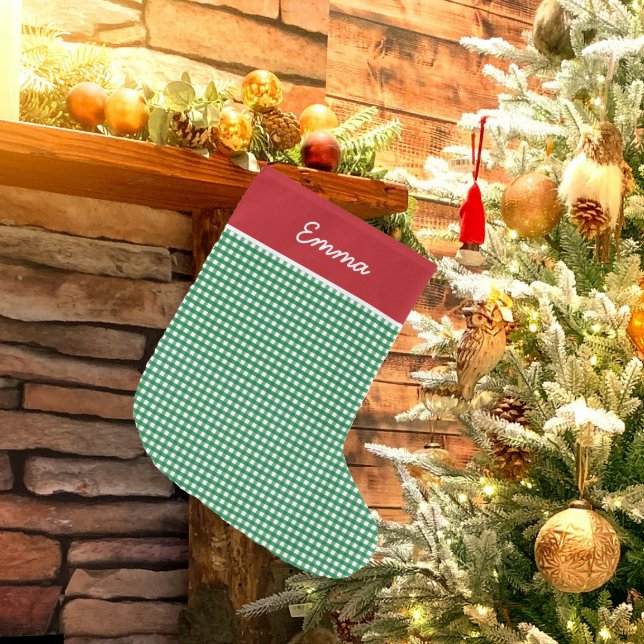 Grande Chaussette De Noël En vichy rouge et vert Nom Monogramme (Créateur téléchargé)