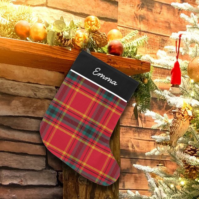Grande Chaussette De Noël En vichy rouge et vert Nom Monogramme (Créateur téléchargé)