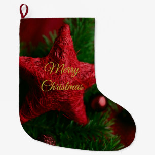 Grande Chaussette De Noël Étoile rouge rustique - Étoile rouge - Décor cosy