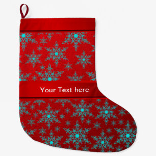 Grande Chaussette De Noël étoiles bleues et argentées sur fond rouge et text