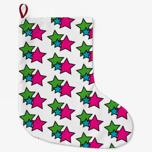 Grande Chaussette De Noël Étoiles Colorées Rose Vert Bleu Noël