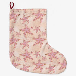 Grande Chaussette De Noël Étoiles de mer et motif pastel rose corail