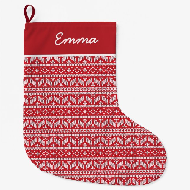 Grande Chaussette De Noël Fair Isle Rouge Nom de Noël Monogramme (Devant)