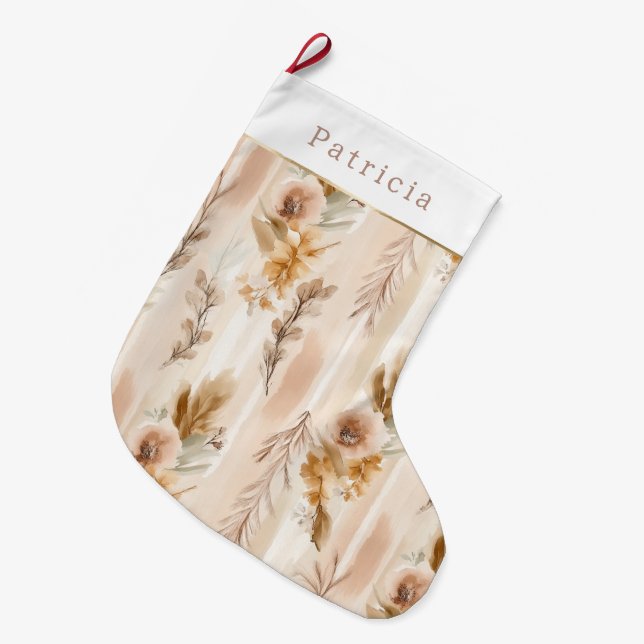 Grande Chaussette De Noël Fard à joues crème Fleurs Boho Noël (Devant (Accrochage))