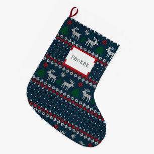 Grande Chaussette De Noël Faux motif tricot arbre de Noël et cerf