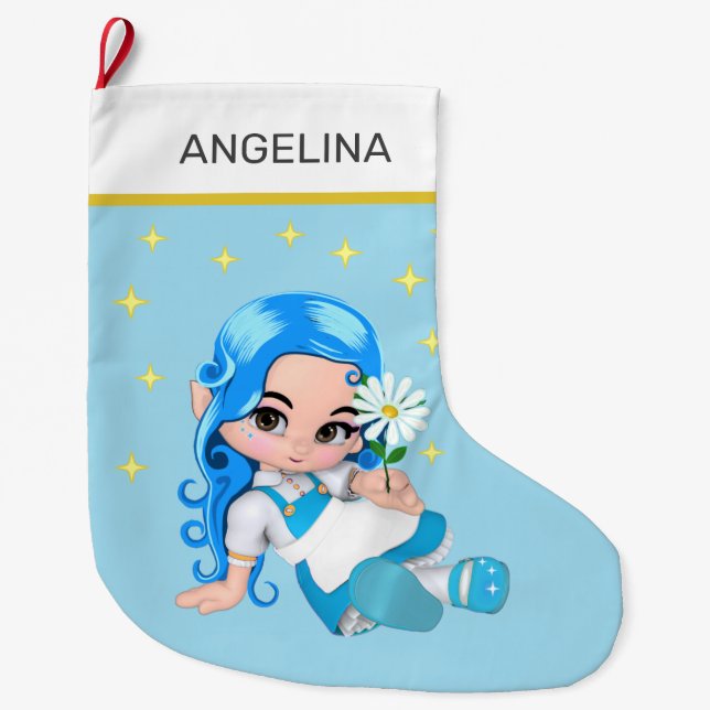 Grande Chaussette De Noël Fée céleste & étoiles sur fond bleu clair (Devant)