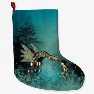 Grande Chaussette De Noël Fée mignonne avec le dragon de vapeur
