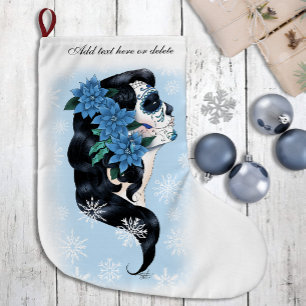 Grande Chaussette De Noël Femme Fleurie Crâne de Sucre Élégant Bleu Hiver