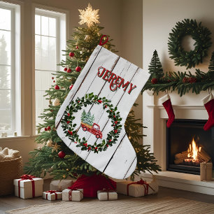 Grande Chaussette De Noël Ferme rustique Camion rouge en bois désorganisé