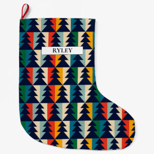 Grande Chaussette De Noël Festif Colorful Arbres de Noël Motif Monogramme