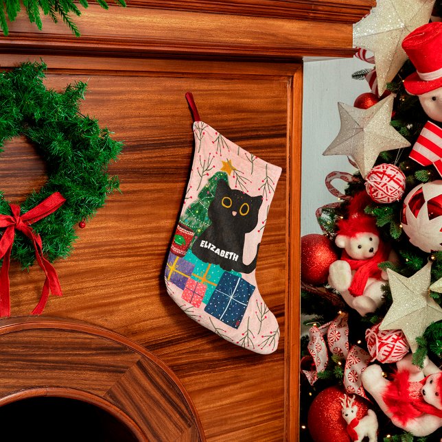 Grande Chaussette De Noël Festif Joyeux Noël mignon Chat noir Café rose (Créateur téléchargé)