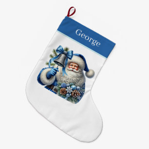 Grande Chaussette De Noël Festive bleu Noël Père Noël ajouter le nom