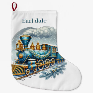 Grande Chaussette De Noël Festive bleu Noël train ajouter nom