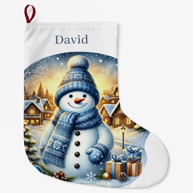 Grande Chaussette De Noël Festive blue snowman ajouter nom (Devant)