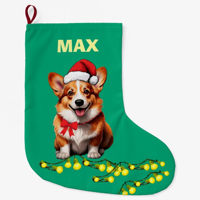 Grande Chaussette De Noël Festive Corgi Dog Custom Pet (Devant)