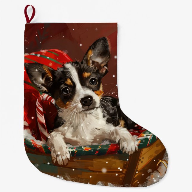 Grande Chaussette De Noël Festive de Noël de chien de Rat Terrier (Devant)