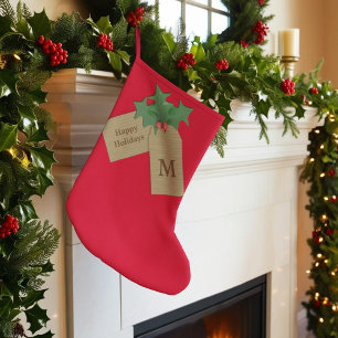 Grande Chaussette De Noël Festive Holly Sprig Rouge Monogrammé Joyeux Joyeux