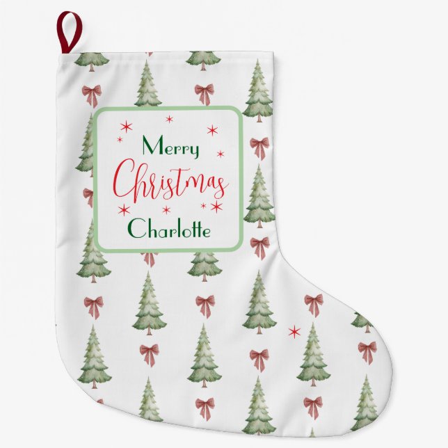 Grande Chaussette De Noël Festive Red Green Merry Christmas Name Stocking (Devant)