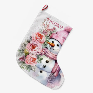 Grande Chaussette De Noël Festive rose neigeuse ajouter nom