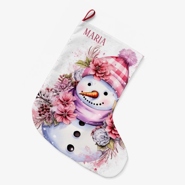 Grande Chaussette De Noël Festive rose neigeuse ajouter nom (Devant (Accrochage))