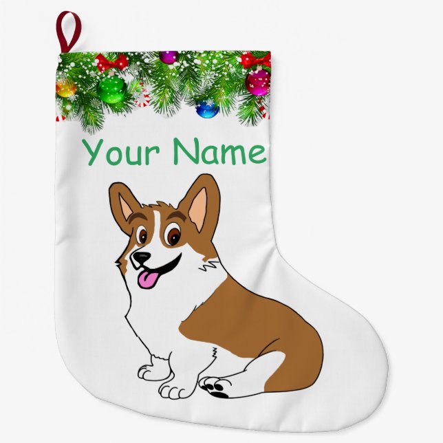 Grande Chaussette De Noël Fête de Pembroke Corgi souriante (Devant)