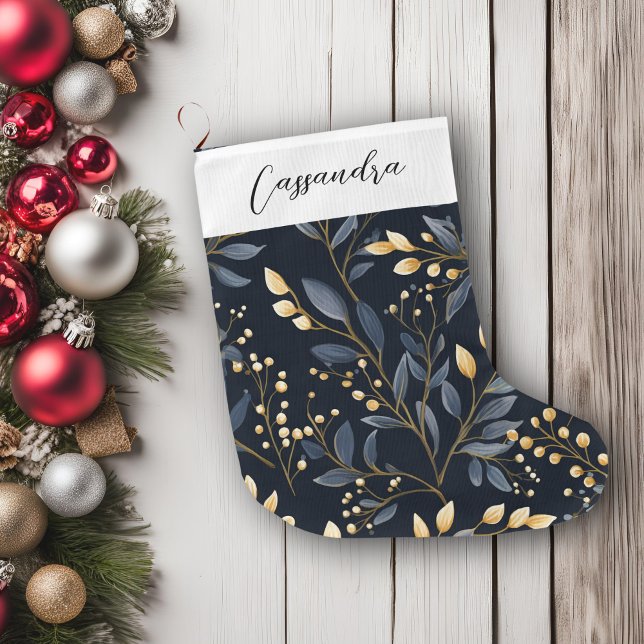Grande Chaussette De Noël Feuille de Noël bleu et or moderne (Blue & Gold Leaves Christmas Stocking)