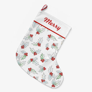 Grande Chaussette De Noël Feuilles de houx à l'aquarelle et baies rouges 