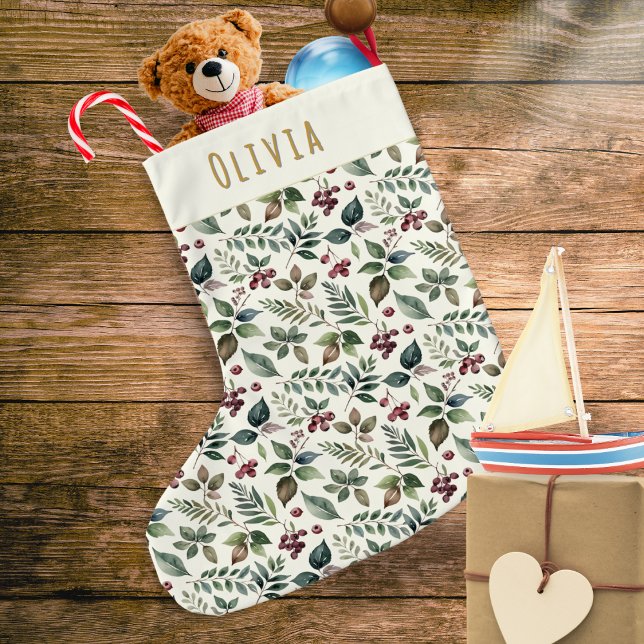 Grande Chaussette De Noël Feuilles et baies rustiques d'hiver Personnalisé (A Christmas stocking with an elegant pattern of greenery and red berries, personalized with a name)