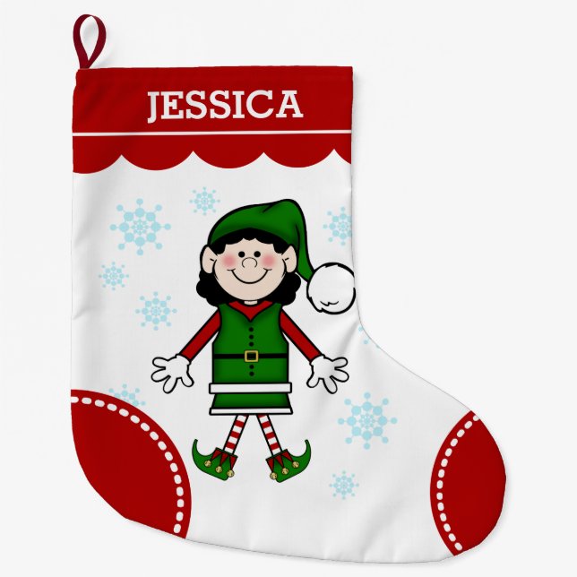 Grande Chaussette De Noël Fille d'Elf (cheveux noirs) (Devant)