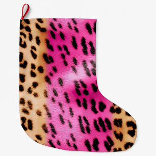 Grande Chaussette De Noël Fille Empreinte de léopard de crème rose