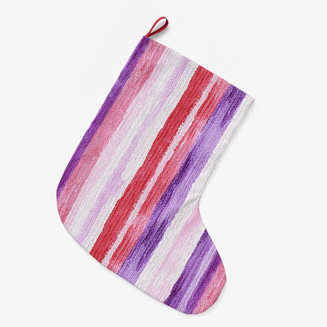 Grande Chaussette De Noël Fille violet rose rose rouge rayures Noël (Devant (Accrochage))