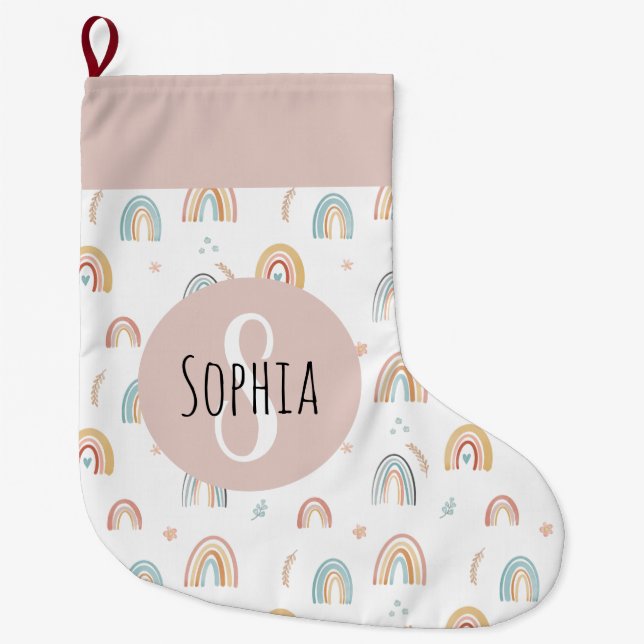 Grande Chaussette De Noël Filles mignonnes Boho Aquarelle Arc-en-ciel Motifs (Devant)