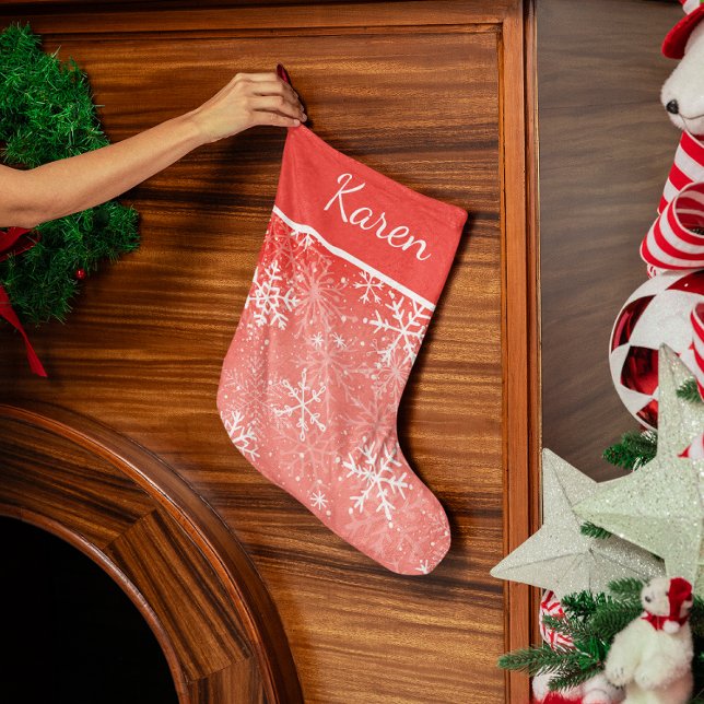 Grande Chaussette De Noël Flambeaux rouges et blancs nom Noël (Red and white snowflakes name Christmas Large Christmas Stocking)