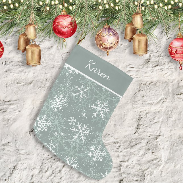 Grande Chaussette De Noël Flambeaux verts et blancs nom Noël (Forest green and white snowflakes name Christmas Large Christmas Stocking)