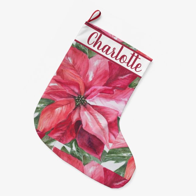 Grande Chaussette De Noël Fleur rouge Poinsettia (Devant (Accrochage))